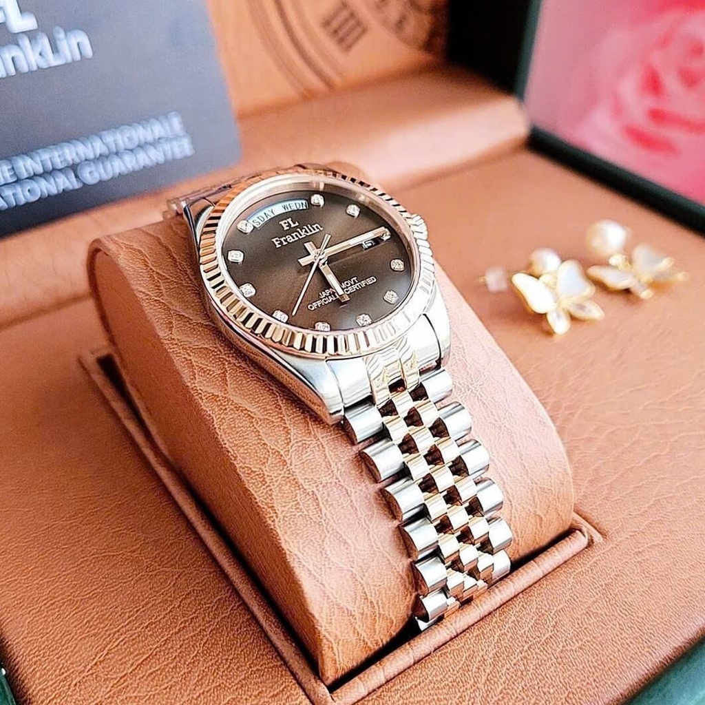 Set Đồng Hồ Nữ Franklin FL5088 Chính Hãng Màu Demi Vàng Hồng Mặt Nâu Size 31mm Quartz Kèm Bông Tai