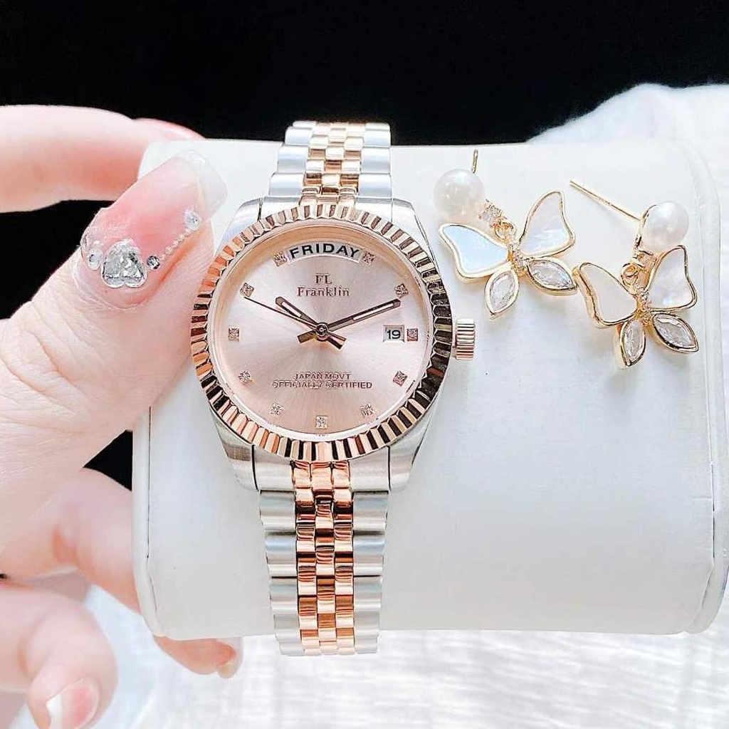 Set Đồng Hồ Nữ Franklin FL5088 Chính Hãng Màu Demi Vàng Hồng Size 31mm Quartz Kèm Bông Tai