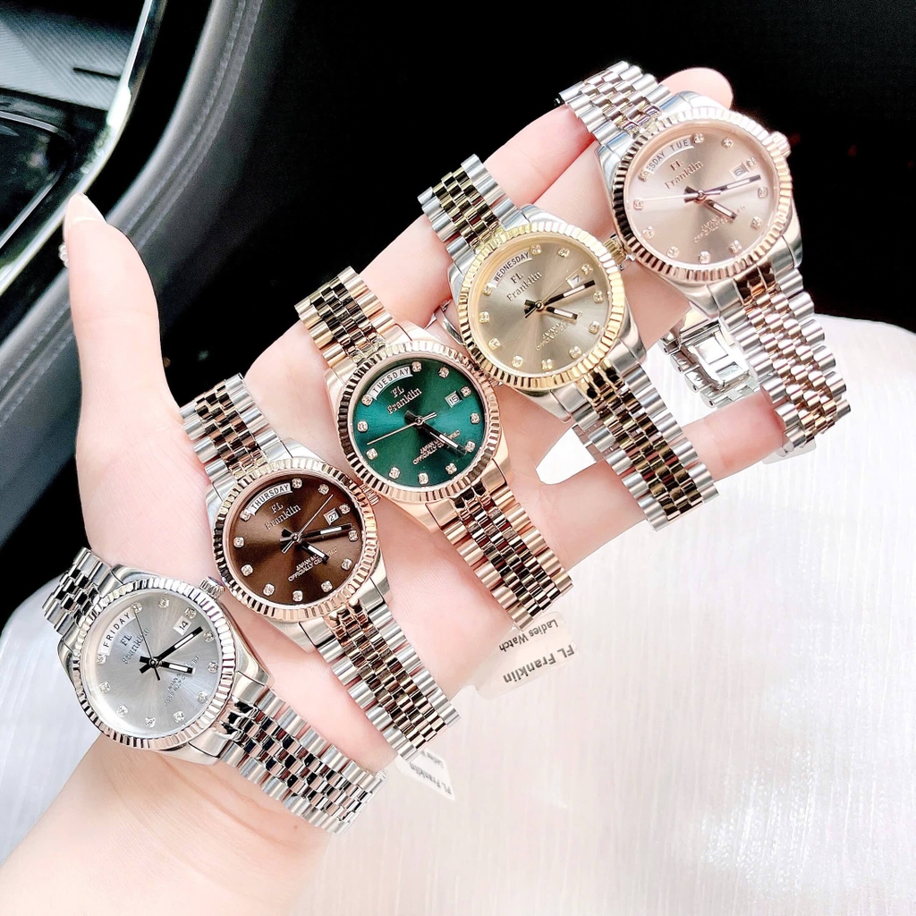Set Đồng Hồ Nữ Franklin FL5088 Chính Hãng Màu Demi Vàng Hồng Size 31mm Quartz Kèm Bông Tai