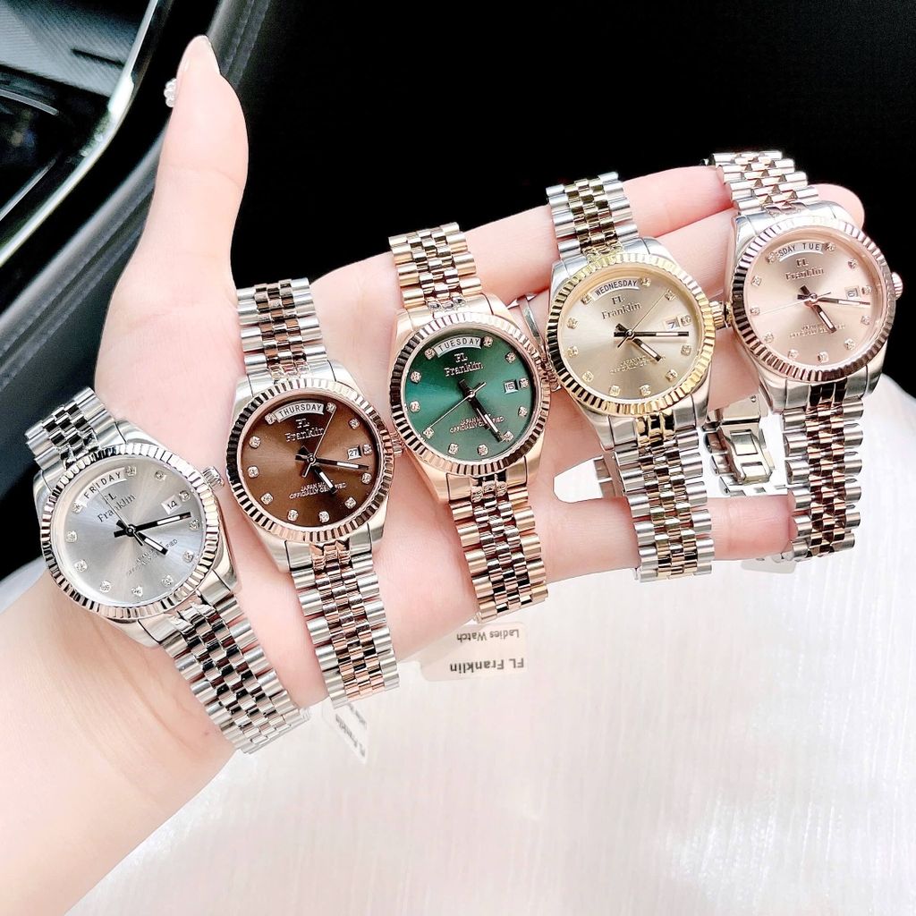 Set Đồng Hồ Nữ Franklin FL5088 Chính Hãng Màu Demi Vàng Hồng Mặt Nâu Size 31mm Quartz Kèm Bông Tai