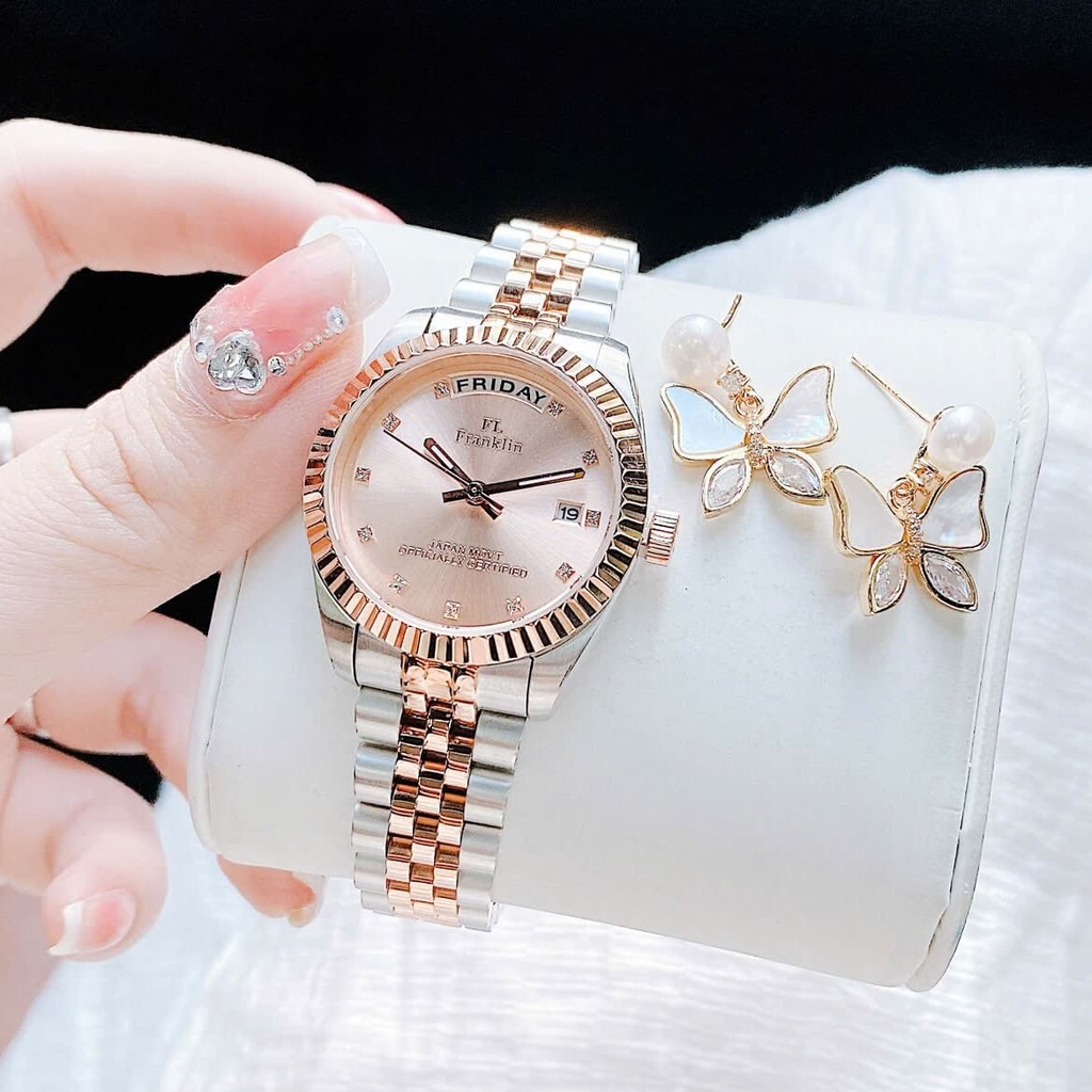 Set Đồng Hồ Nữ Franklin FL5088 Chính Hãng Màu Demi Vàng Hồng Size 31mm Quartz Kèm Bông Tai