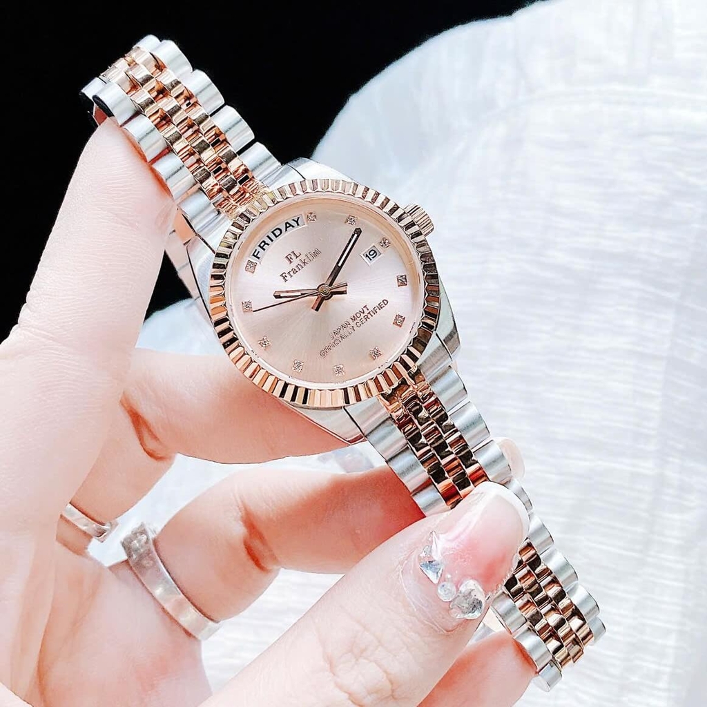 Set Đồng Hồ Nữ Franklin FL5088 Chính Hãng Màu Demi Vàng Hồng Size 31mm Quartz Kèm Bông Tai