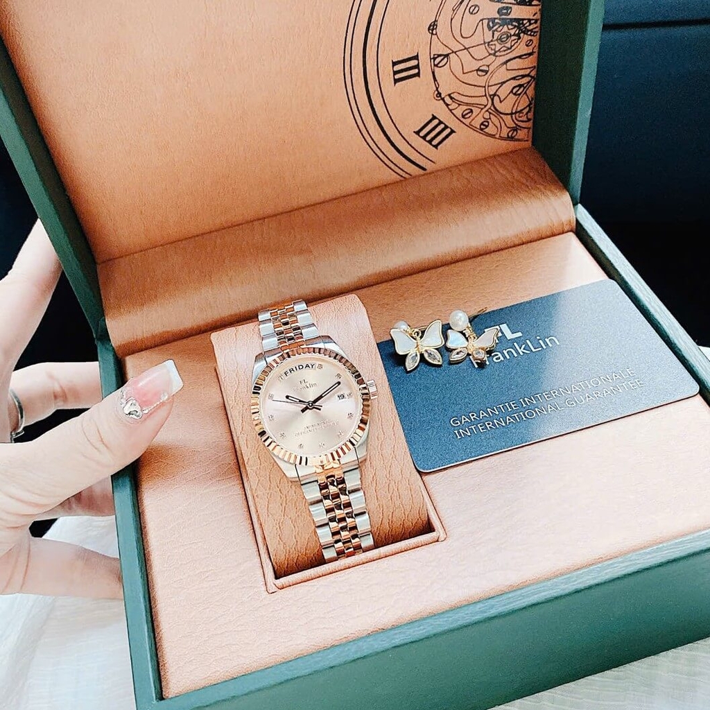 Set Đồng Hồ Nữ Franklin FL5088 Chính Hãng Màu Demi Vàng Hồng Size 31mm Quartz Kèm Bông Tai