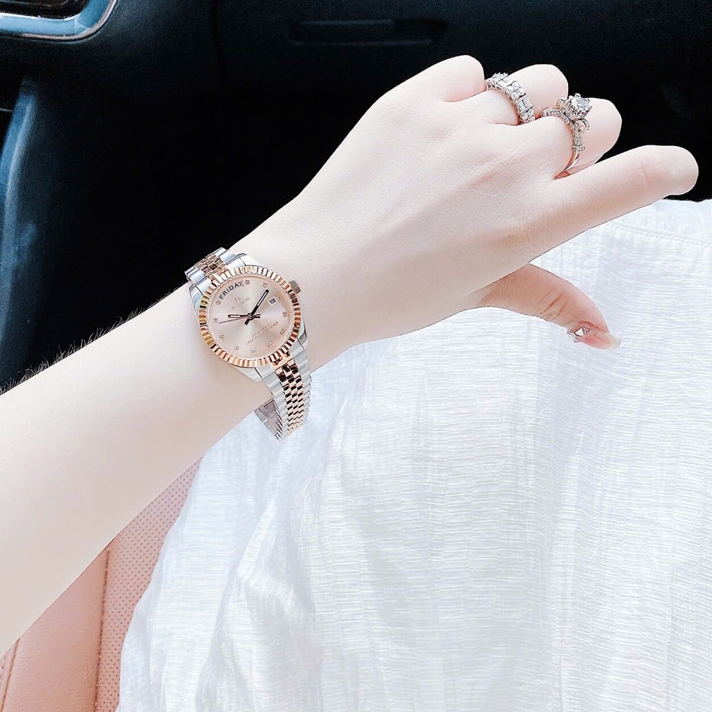 Set Đồng Hồ Nữ Franklin FL5088 Chính Hãng Màu Demi Vàng Hồng Size 31mm Quartz Kèm Bông Tai