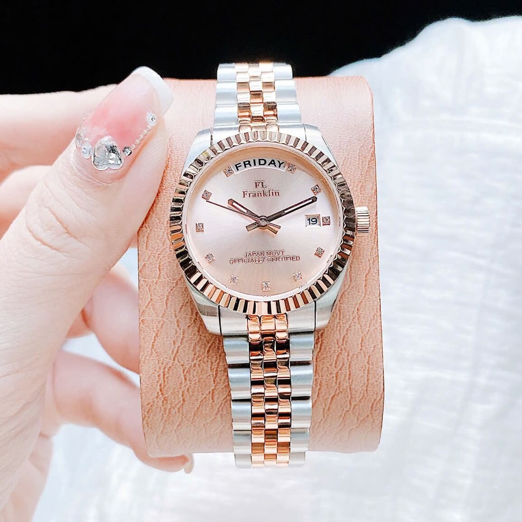Set Đồng Hồ Nữ Franklin FL5088 Chính Hãng Màu Demi Vàng Hồng Size 31mm Quartz Kèm Bông Tai