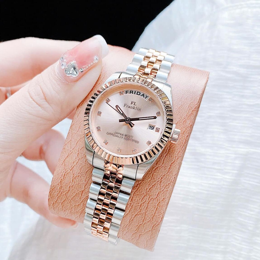 Set Đồng Hồ Nữ Franklin FL5088 Chính Hãng Màu Demi Vàng Hồng Size 31mm Quartz Kèm Bông Tai