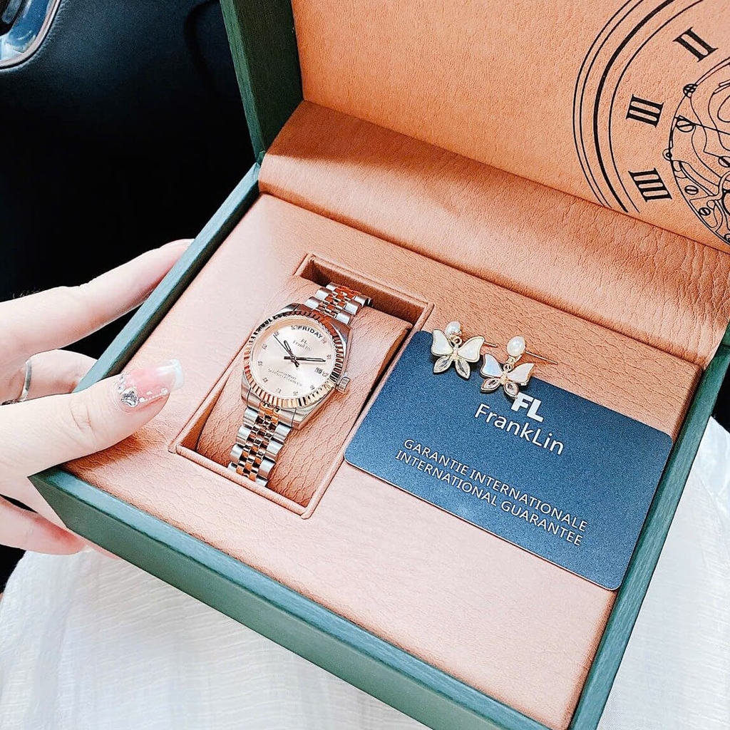 Set Đồng Hồ Nữ Franklin FL5088 Chính Hãng Màu Demi Vàng Hồng Size 31mm Quartz Kèm Bông Tai