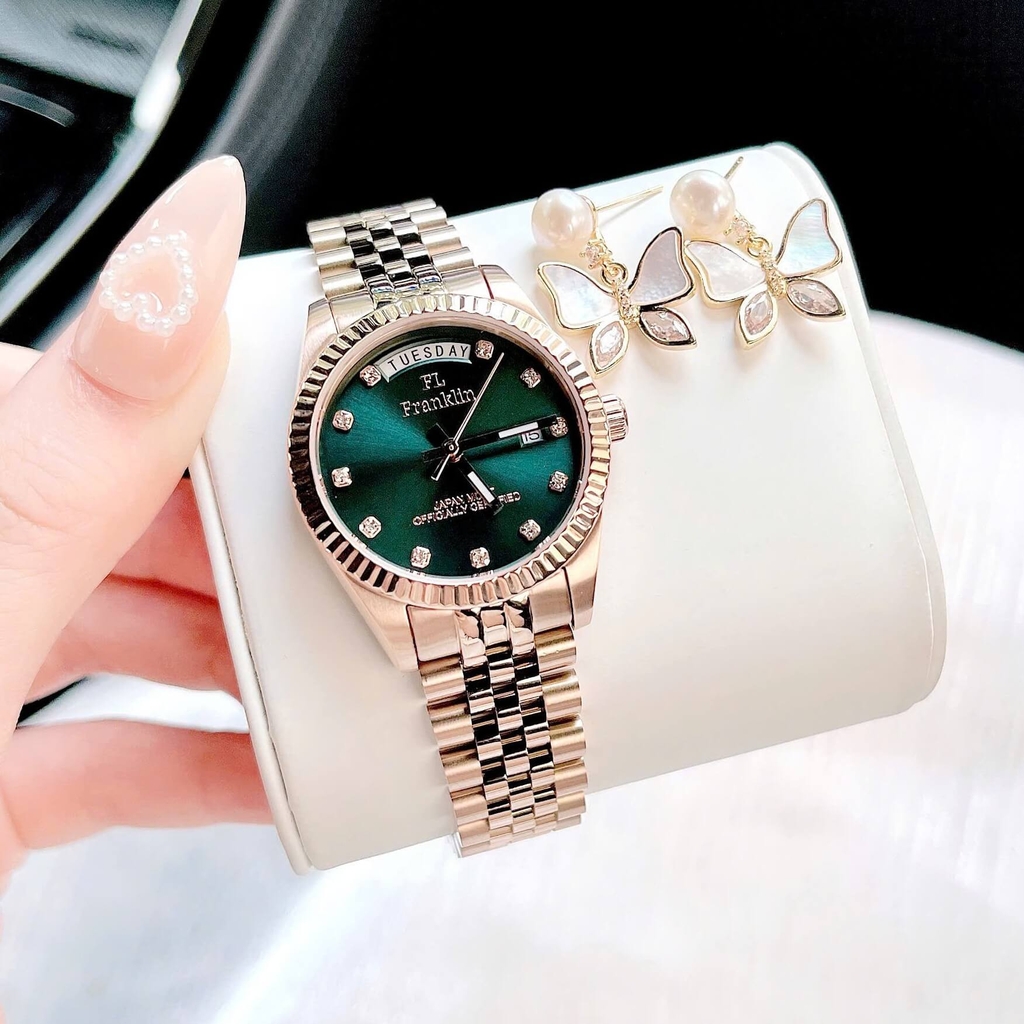 Set Đồng Hồ Nữ Franklin FL5088 Chính Hãng Màu Vàng Hồng Mặt Xanh Size 31mm Quartz Kèm Bông Tai Và Lắc Tay