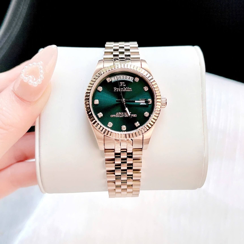 Set Đồng Hồ Nữ Franklin FL5088 Chính Hãng Màu Vàng Hồng Mặt Xanh Size 31mm Quartz Kèm Bông Tai Và Lắc Tay