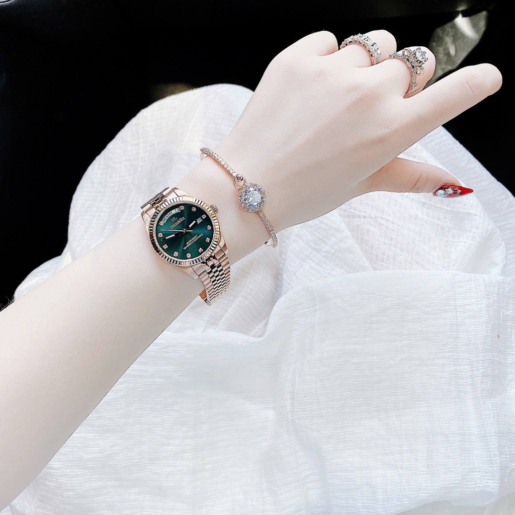Set Đồng Hồ Nữ Franklin FL5088 Chính Hãng Màu Vàng Hồng Mặt Xanh Size 31mm Quartz Kèm Bông Tai Và Lắc Tay