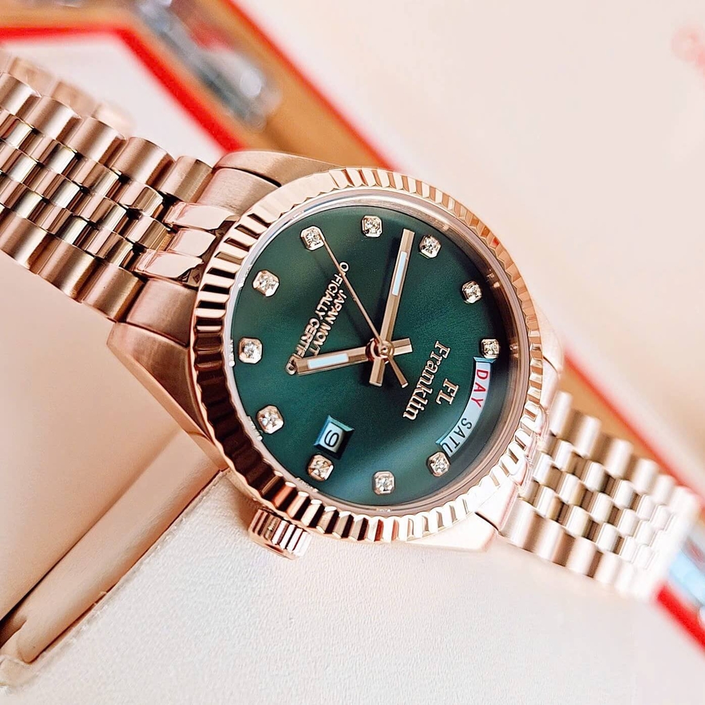 Set Đồng Hồ Nữ Franklin FL5088 Chính Hãng Màu Vàng Hồng Mặt Xanh Size 31mm Quartz Kèm Bông Tai Và Lắc Tay