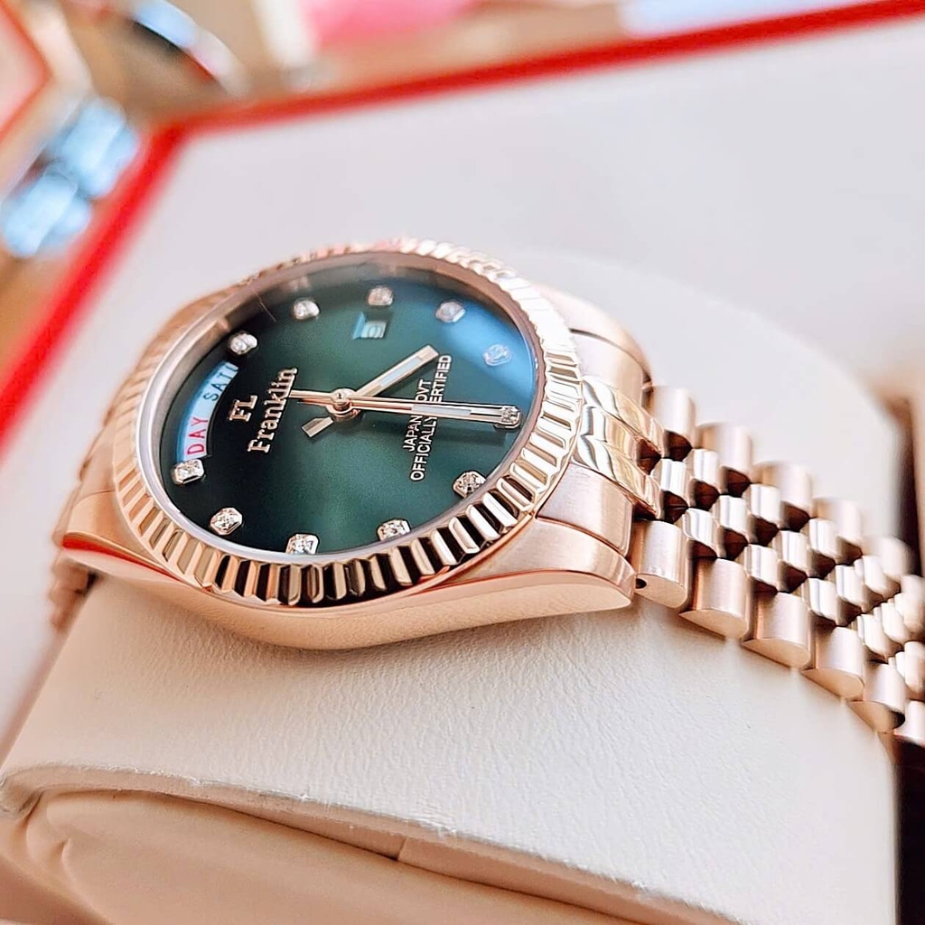 Set Đồng Hồ Nữ Franklin FL5088 Chính Hãng Màu Vàng Hồng Mặt Xanh Size 31mm Quartz Kèm Bông Tai Và Lắc Tay