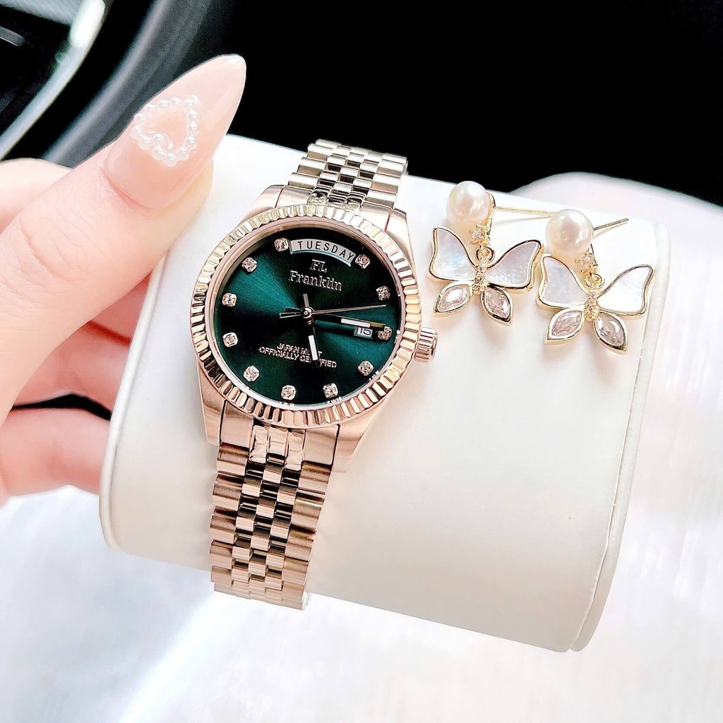 Set Đồng Hồ Nữ Franklin FL5088 Chính Hãng Màu Vàng Hồng Mặt Xanh Size 31mm Quartz Kèm Bông Tai Và Lắc Tay