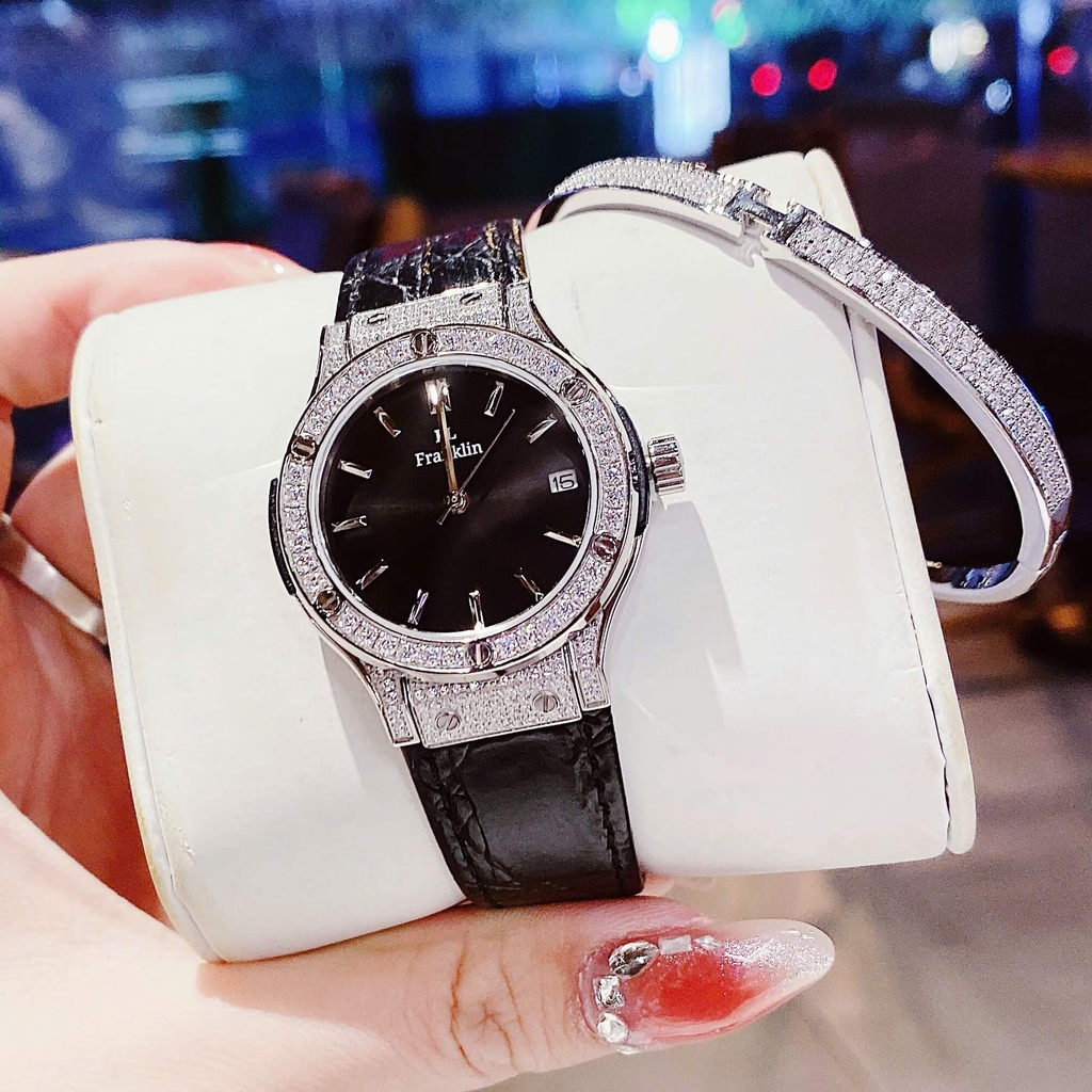 Set Đồng Hồ Nữ Franklin FL5223 Dây Da Đen Viền Đá Silver Size 31mm Tặng Kèm Vòng Tay