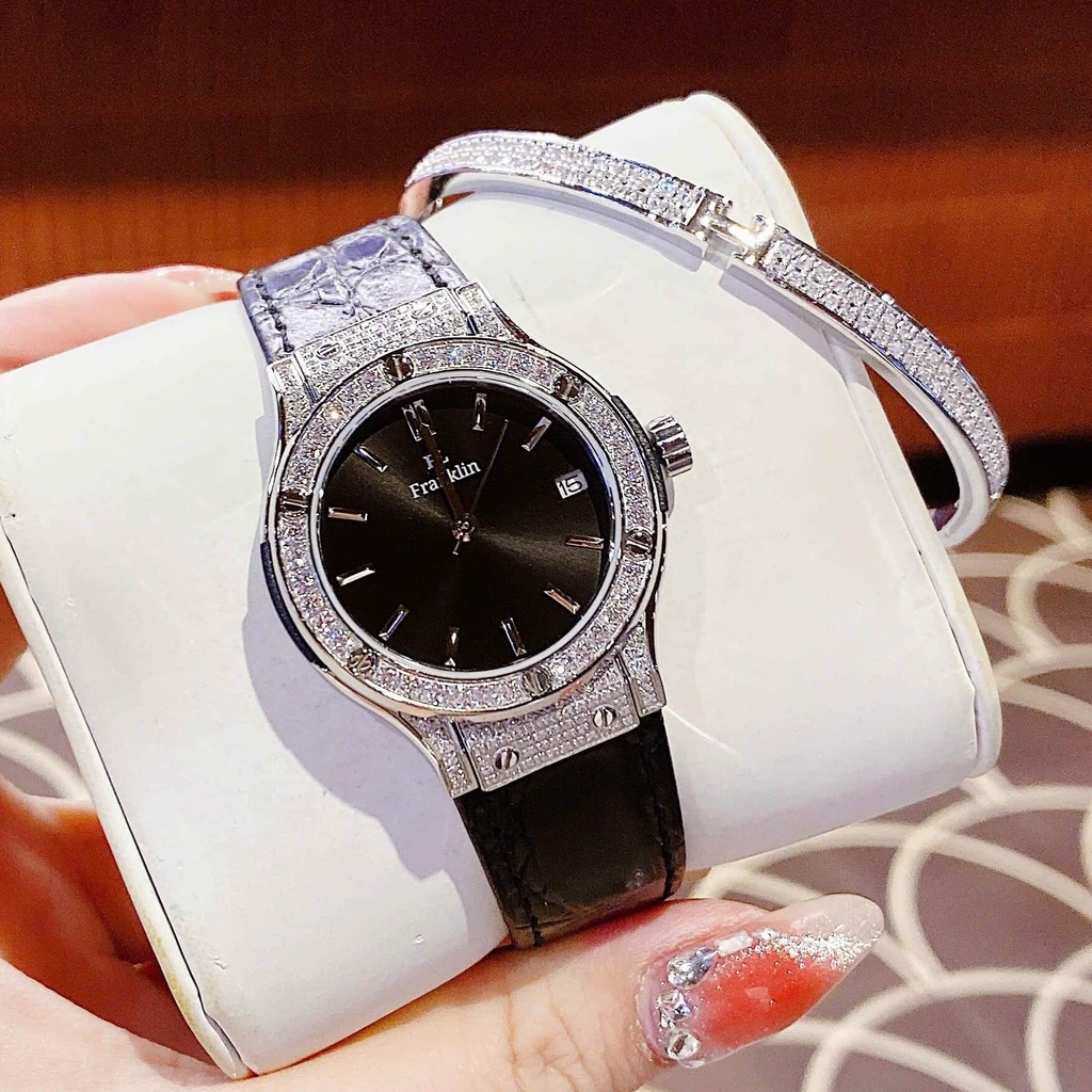 Set Đồng Hồ Nữ Franklin FL5223 Dây Da Đen Viền Đá Silver Size 31mm Tặng Kèm Vòng Tay