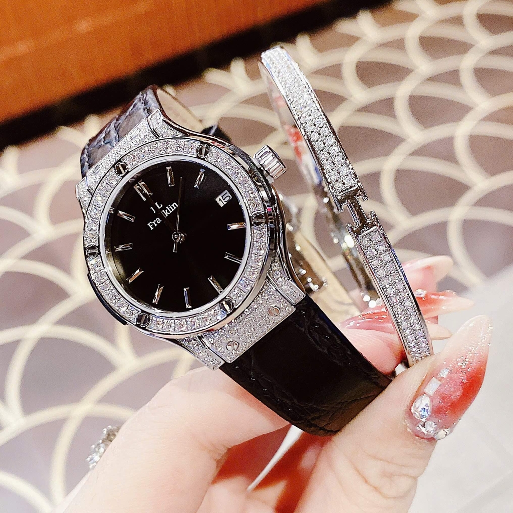 Set Đồng Hồ Nữ Franklin FL5223 Dây Da Đen Viền Đá Silver Size 31mm Tặng Kèm Vòng Tay