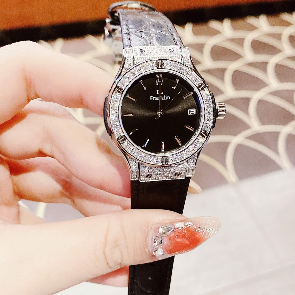 Set Đồng Hồ Nữ Franklin FL5223 Dây Da Đen Viền Đá Silver Size 31mm Tặng Kèm Vòng Tay
