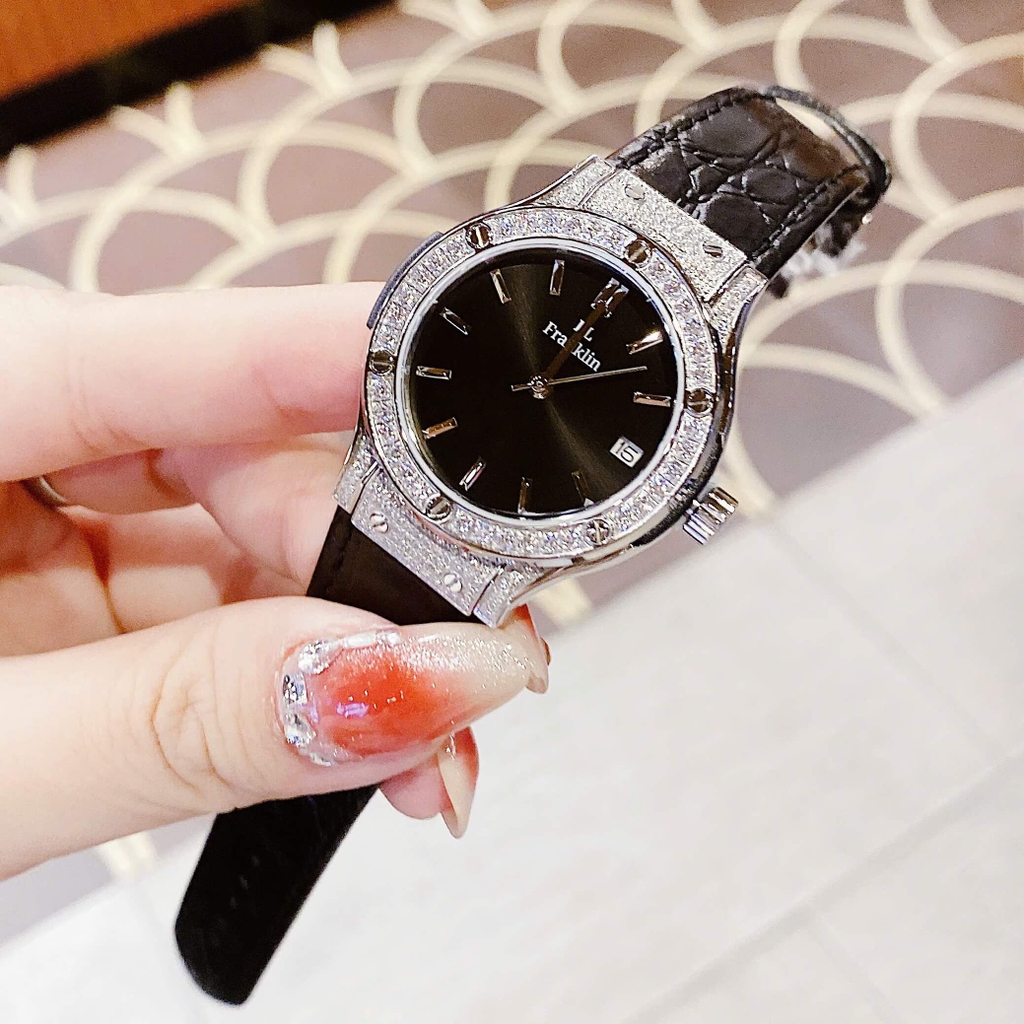 Set Đồng Hồ Nữ Franklin FL5223 Dây Da Đen Viền Đá Silver Size 31mm Tặng Kèm Vòng Tay