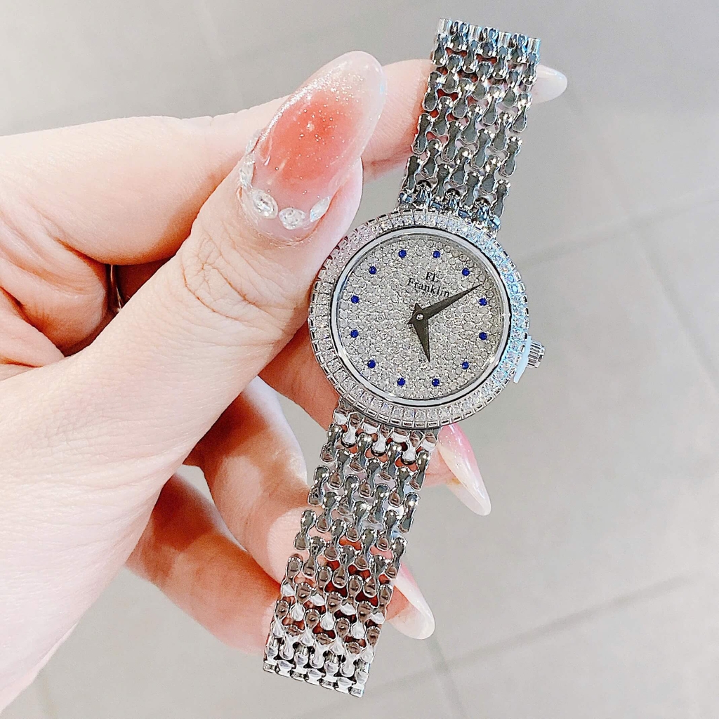 Set Đồng Hồ Nữ Franklin FL5688 Chính Hãng Dây Thép Silver Mặt Đính Đá Size 29mm Quartz Tặng Kèm Vòng Tay