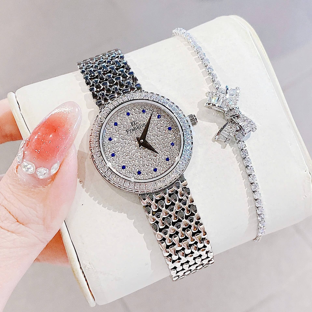 Set Đồng Hồ Nữ Franklin FL5688 Chính Hãng Dây Thép Silver Mặt Đính Đá Size 29mm Quartz Tặng Kèm Vòng Tay