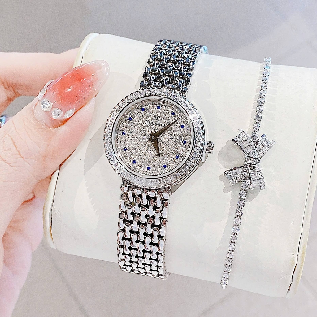 Set Đồng Hồ Nữ Franklin FL5688 Chính Hãng Dây Thép Silver Mặt Đính Đá Size 29mm Quartz Tặng Kèm Vòng Tay