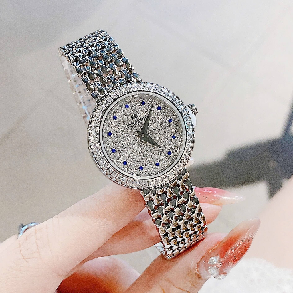 Set Đồng Hồ Nữ Franklin FL5688 Chính Hãng Dây Thép Silver Mặt Đính Đá Size 29mm Quartz Tặng Kèm Vòng Tay