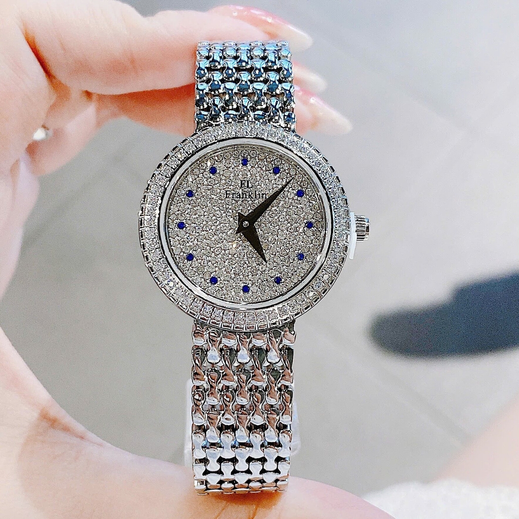 Set Đồng Hồ Nữ Franklin FL5688 Chính Hãng Dây Thép Silver Mặt Đính Đá Size 29mm Quartz Tặng Kèm Vòng Tay