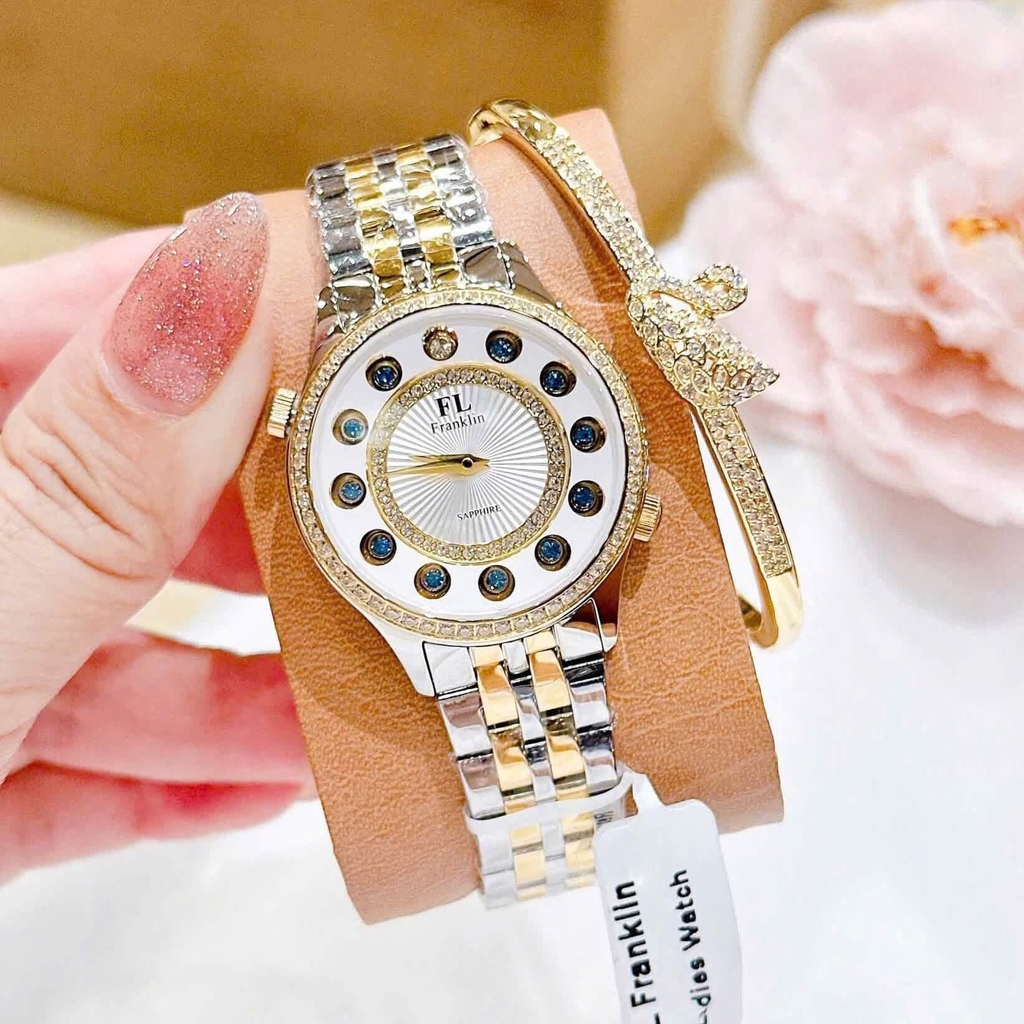 Set Đồng Hồ Nữ Franklin FL5999 Dây Demi Mặt 12 Viên Đá Chuyển Màu Size 33mm Kèm Vòng Tay