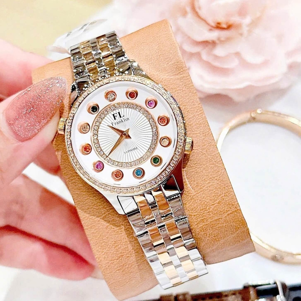 Set Đồng Hồ Nữ Franklin FL5999 Dây Demi Mặt 12 Viên Đá Chuyển Màu Size 33mm Kèm Vòng Tay