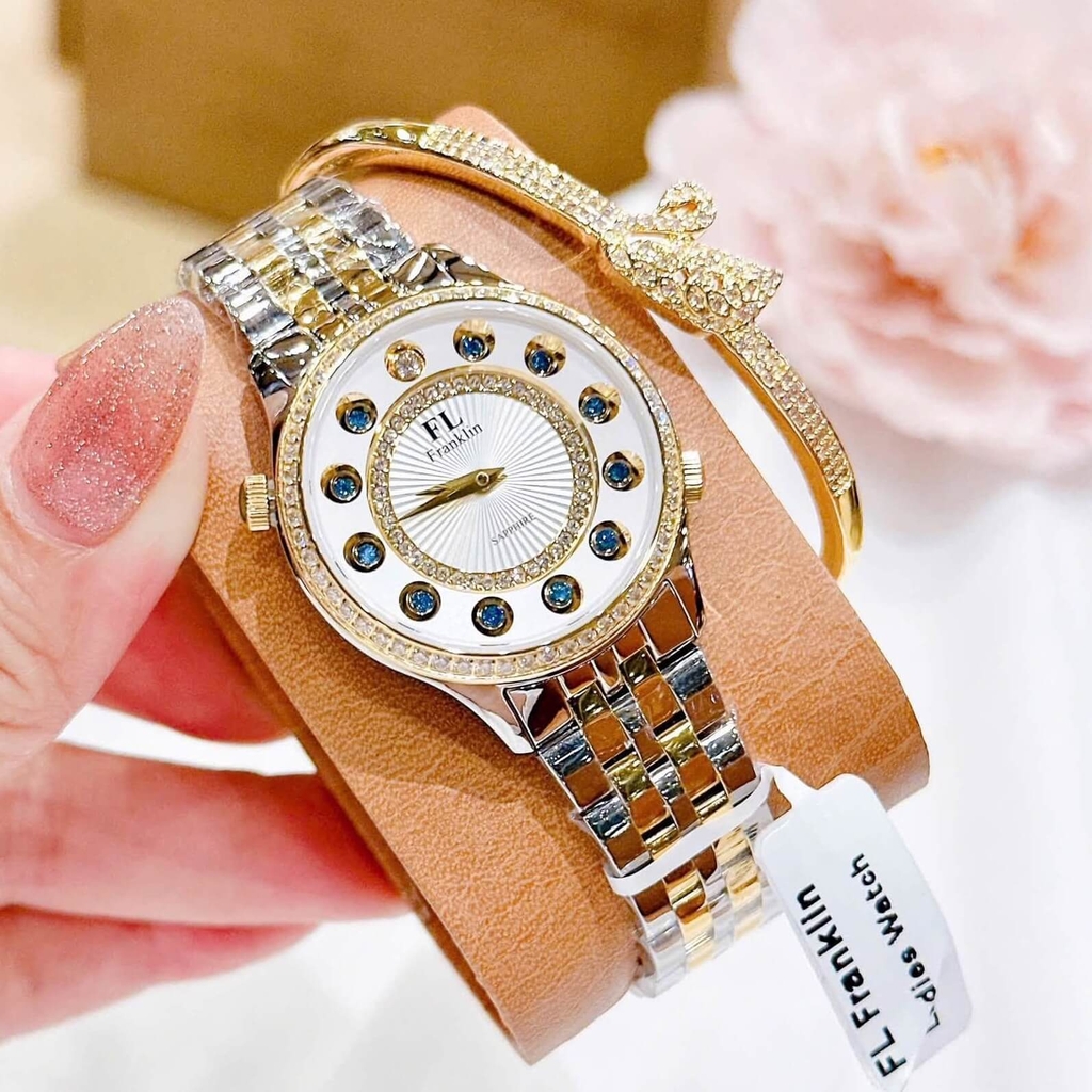 Set Đồng Hồ Nữ Franklin FL5999 Dây Demi Mặt 12 Viên Đá Chuyển Màu Size 33mm Kèm Vòng Tay