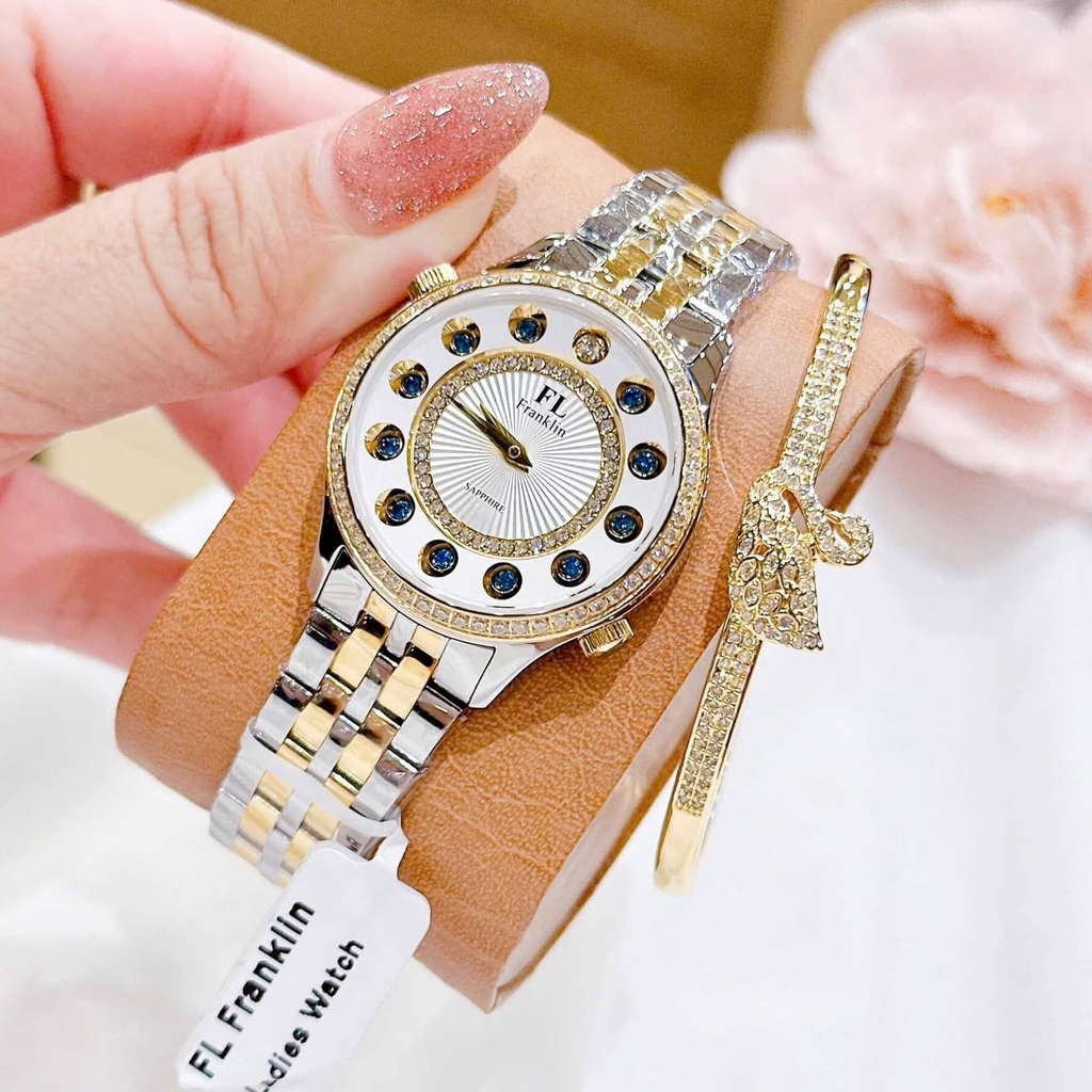 Set Đồng Hồ Nữ Franklin FL5999 Dây Demi Mặt 12 Viên Đá Chuyển Màu Size 33mm Kèm Vòng Tay