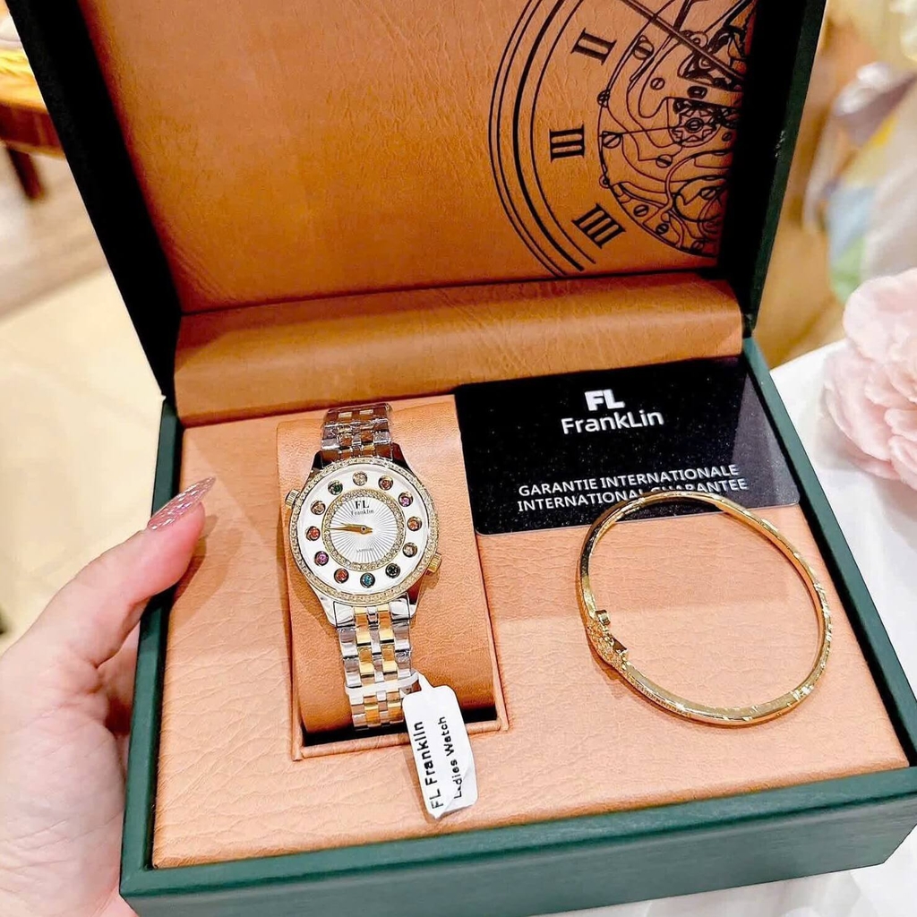 Set Đồng Hồ Nữ Franklin FL5999 Dây Demi Mặt 12 Viên Đá Chuyển Màu Size 33mm Kèm Vòng Tay