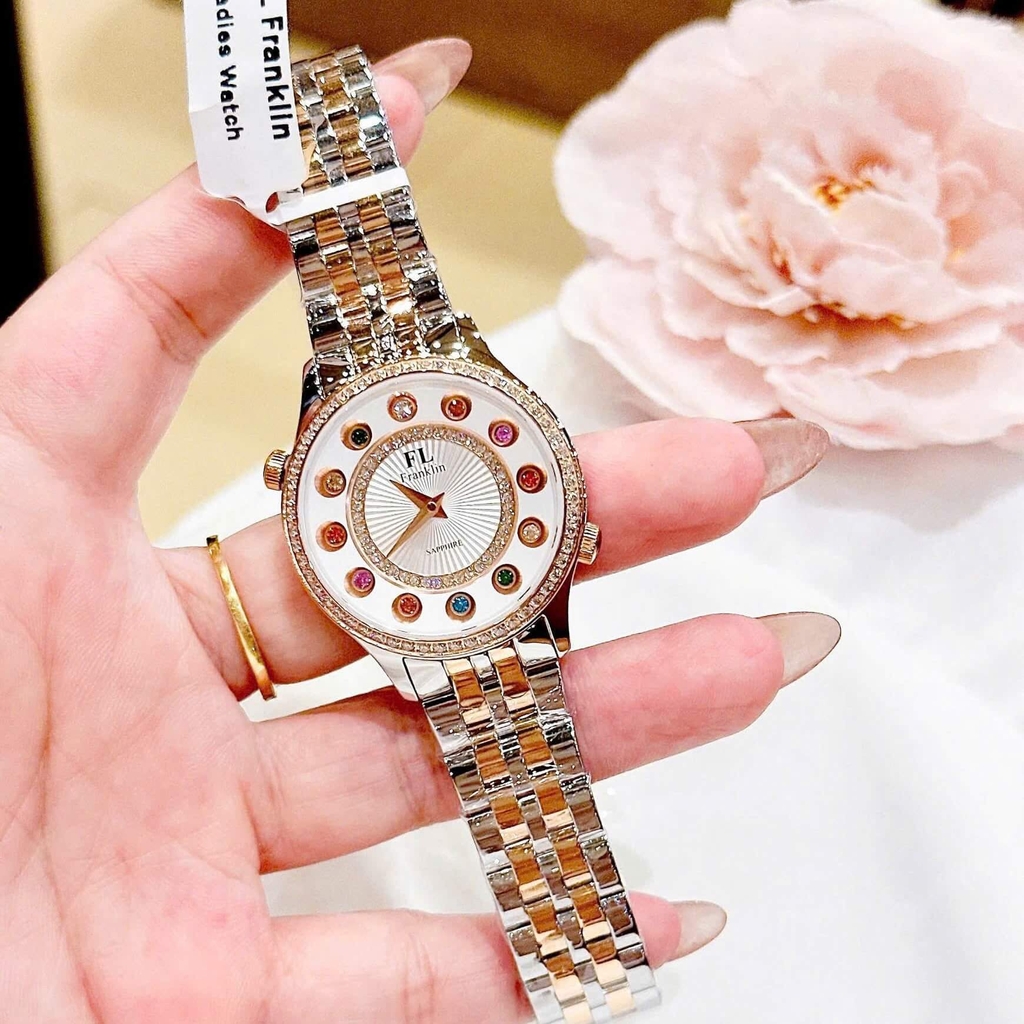 Set Đồng Hồ Nữ Franklin FL5999 Dây Demi Mặt 12 Viên Đá Chuyển Màu Size 33mm Kèm Vòng Tay