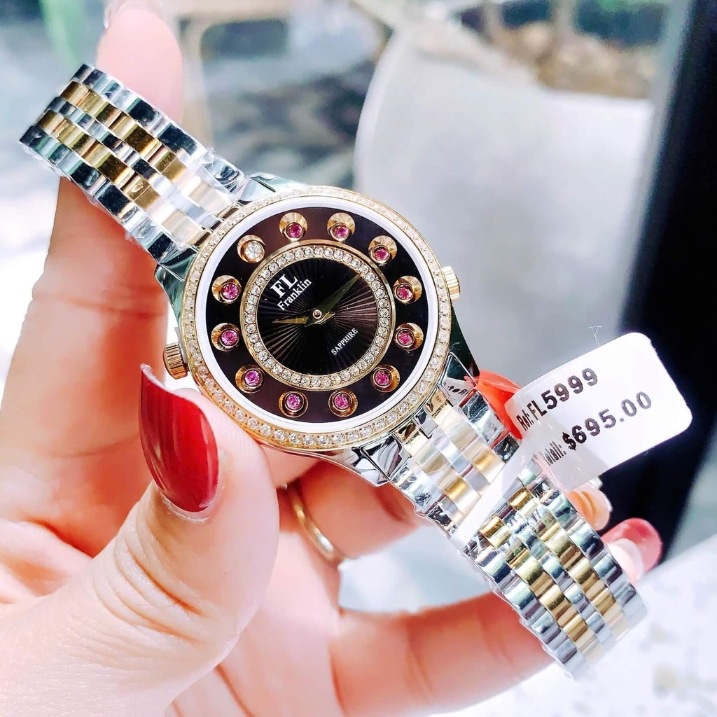 Set Đồng Hồ Nữ Franklin FL5999 Dây Demi Vàng Đen Mặt 12 Viên Đá Chuyển Màu Size 33mm Kèm Vòng Tay