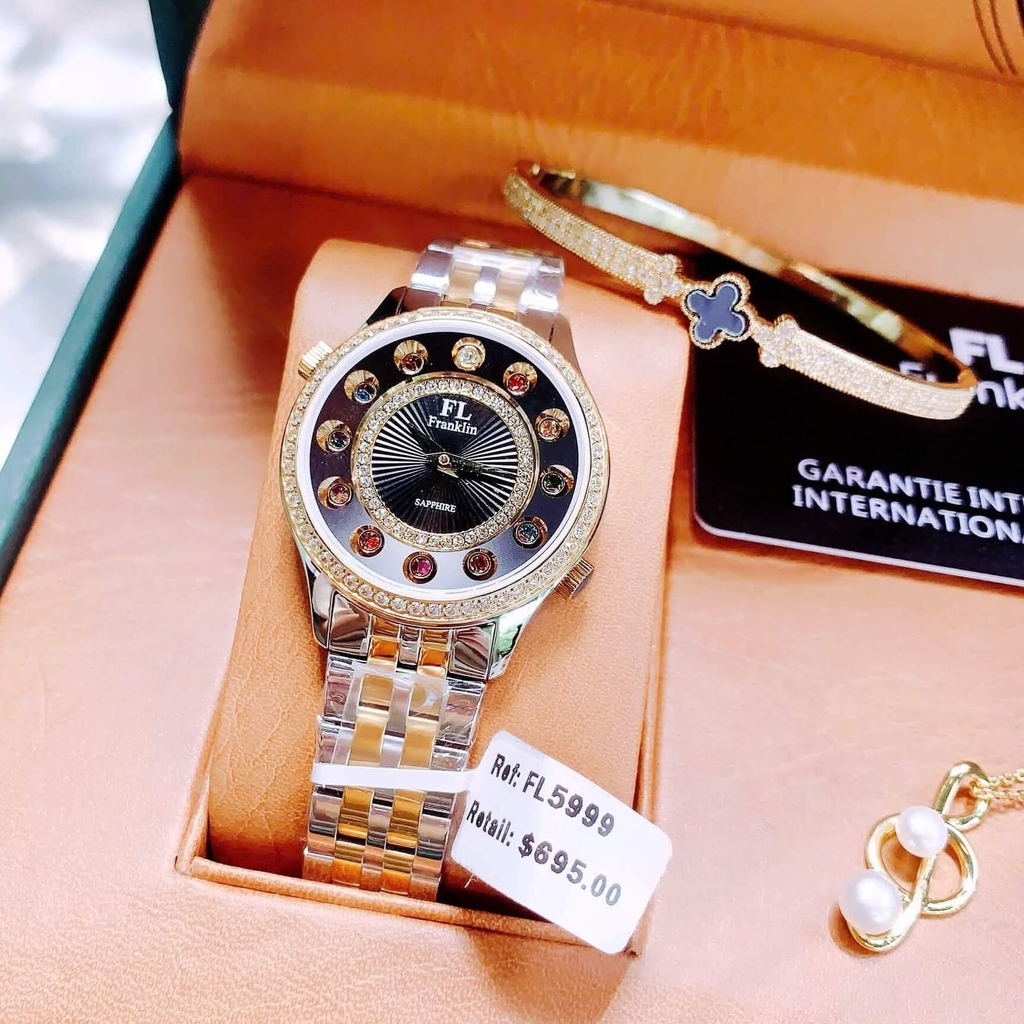 Set Đồng Hồ Nữ Franklin FL5999 Dây Demi Vàng Đen Mặt 12 Viên Đá Chuyển Màu Size 33mm Kèm Vòng Tay