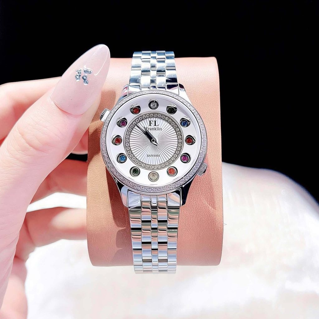 Set Đồng Hồ Nữ Franklin FL5999 Dây Thép Bạc Mặt 12 Viên Đá Chuyển Màu Size 33mm Kèm Vòng Tay