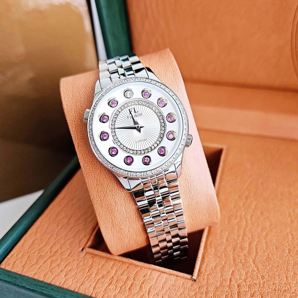 Set Đồng Hồ Nữ Franklin FL5999 Dây Thép Bạc Mặt 12 Viên Đá Chuyển Màu Size 33mm Kèm Vòng Tay
