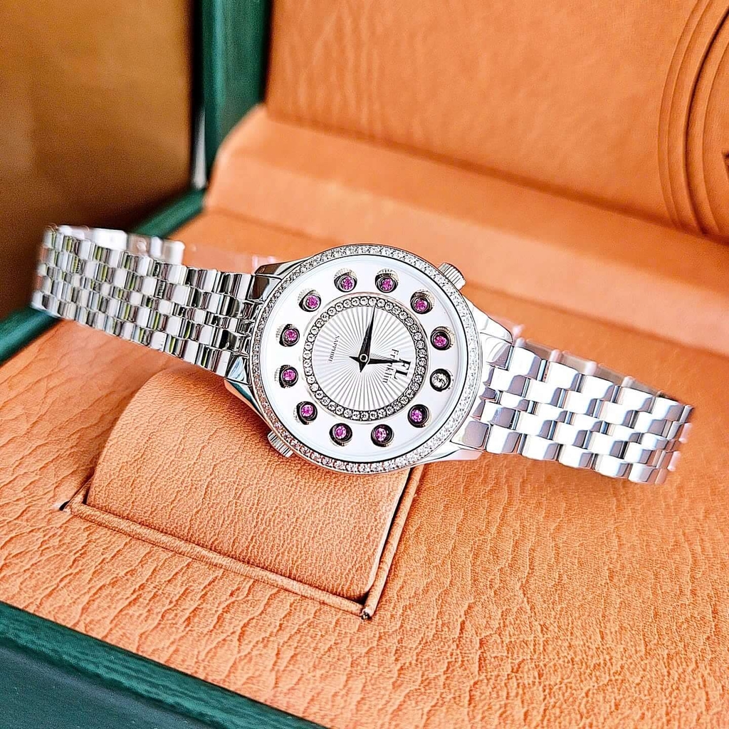 Set Đồng Hồ Nữ Franklin FL5999 Dây Thép Bạc Mặt 12 Viên Đá Chuyển Màu Size 33mm Kèm Vòng Tay