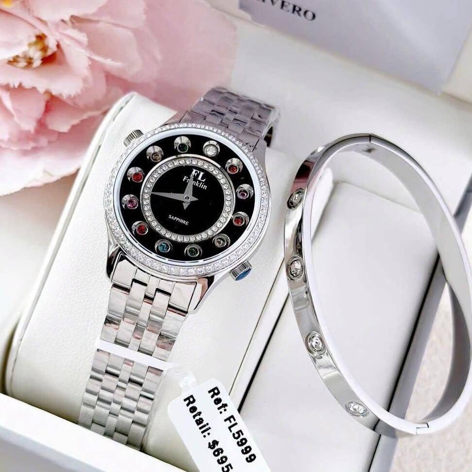 Set Đồng Hồ Nữ Franklin FL5999 Dây Thép Bạc Mặt Đen 12 Viên Đá Chuyển Màu Size 33mm Kèm Vòng Tay