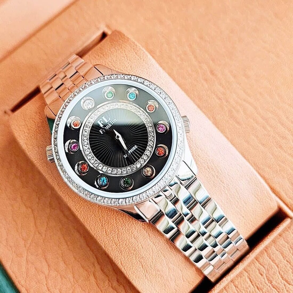 Set Đồng Hồ Nữ Franklin FL5999 Dây Thép Bạc Mặt Đen 12 Viên Đá Chuyển Màu Size 33mm Kèm Vòng Tay