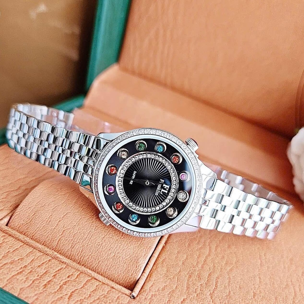 Set Đồng Hồ Nữ Franklin FL5999 Dây Thép Bạc Mặt Đen 12 Viên Đá Chuyển Màu Size 33mm Kèm Vòng Tay