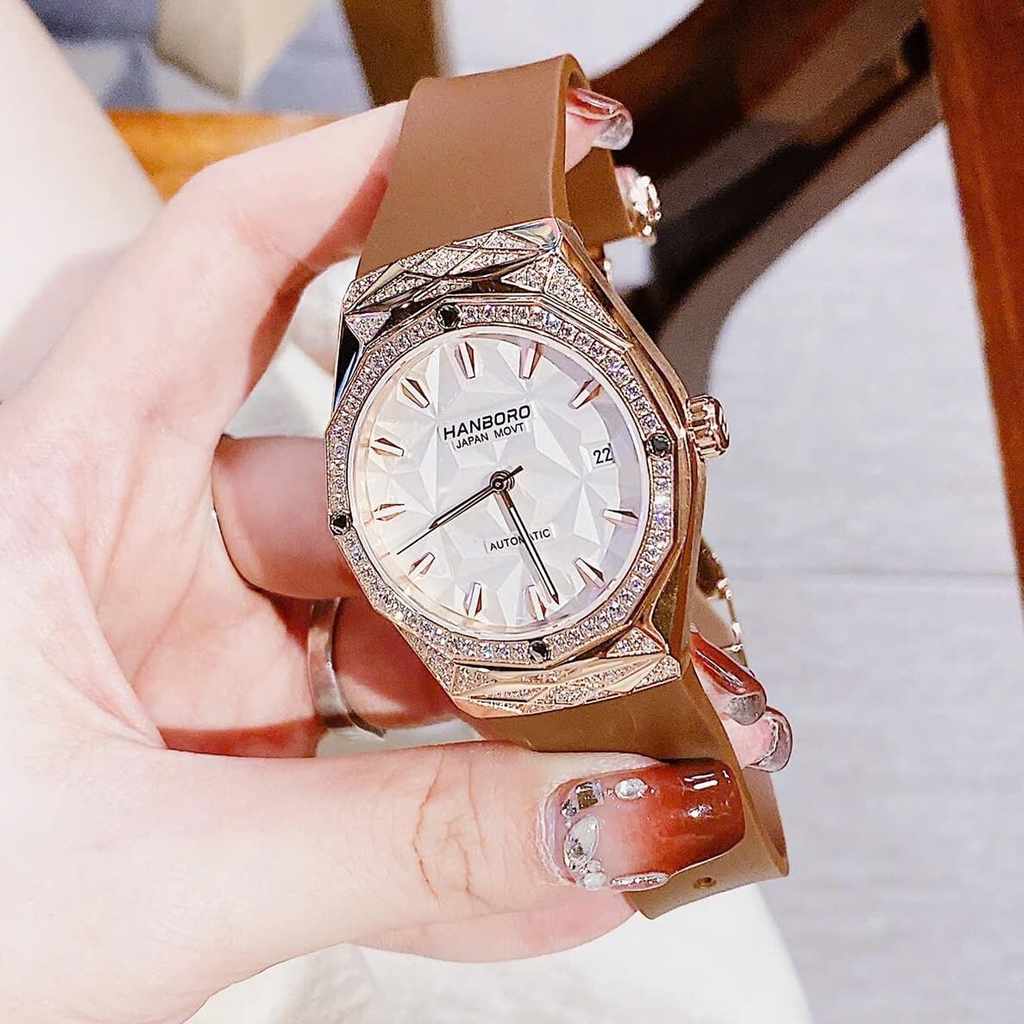 Set Đồng Hồ Nữ Hanboro Automatic Dây Cao Su Nâu Vỏ Vàng Hồng Size 36mm Viền Đá Tặng Kèm Vòng Tay