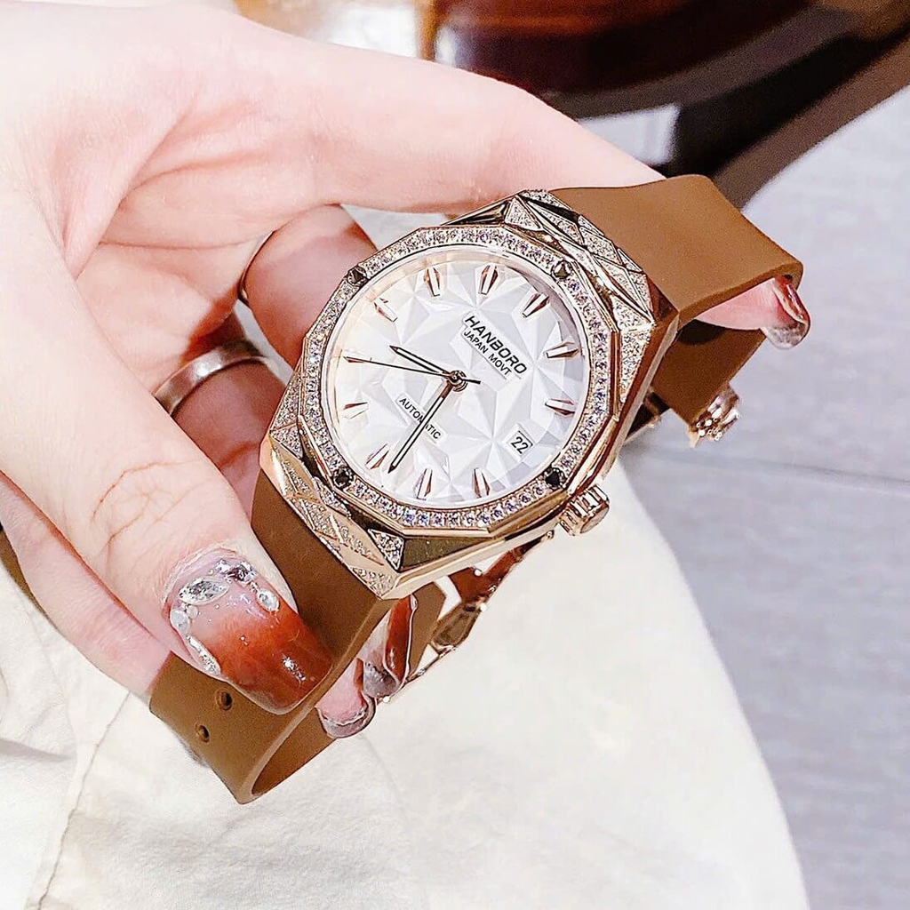 Set Đồng Hồ Nữ Hanboro Automatic Dây Cao Su Nâu Vỏ Vàng Hồng Size 36mm Viền Đá Tặng Kèm Vòng Tay