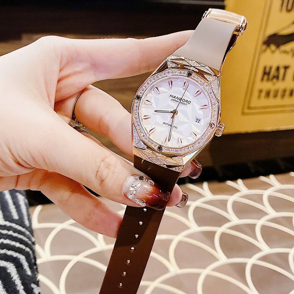 Set Đồng Hồ Nữ Hanboro Automatic Dây Cao Su Nâu Vỏ Vàng Hồng Size 36mm Viền Đá Tặng Kèm Vòng Tay