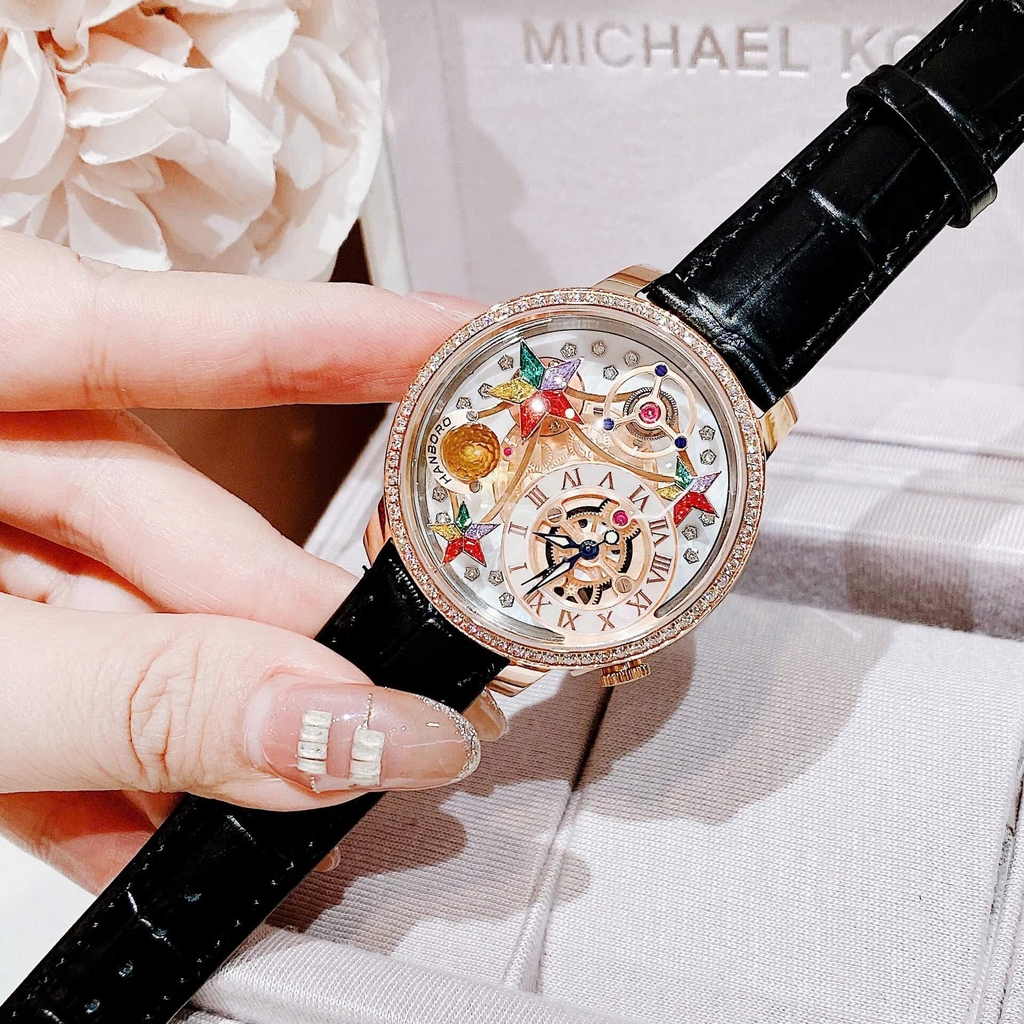 Set Đồng Hồ Nữ Hanboro Chính Hãng Dây Da Đen Họa Tiết Nổi Bật Vỏ Rose Size 39mm Quartz