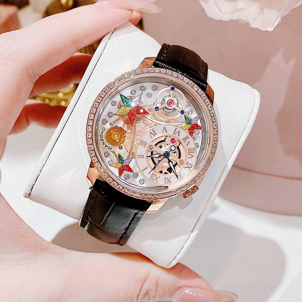 Set Đồng Hồ Nữ Hanboro Chính Hãng Dây Da Đen Họa Tiết Nổi Bật Vỏ Rose Size 39mm Quartz