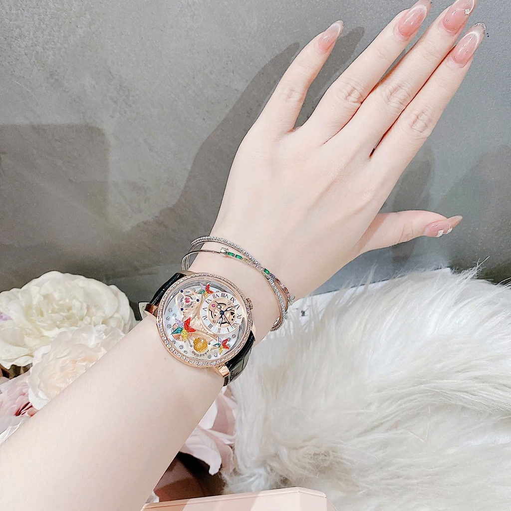 Set Đồng Hồ Nữ Hanboro Chính Hãng Dây Da Đen Họa Tiết Nổi Bật Vỏ Rose Size 39mm Quartz