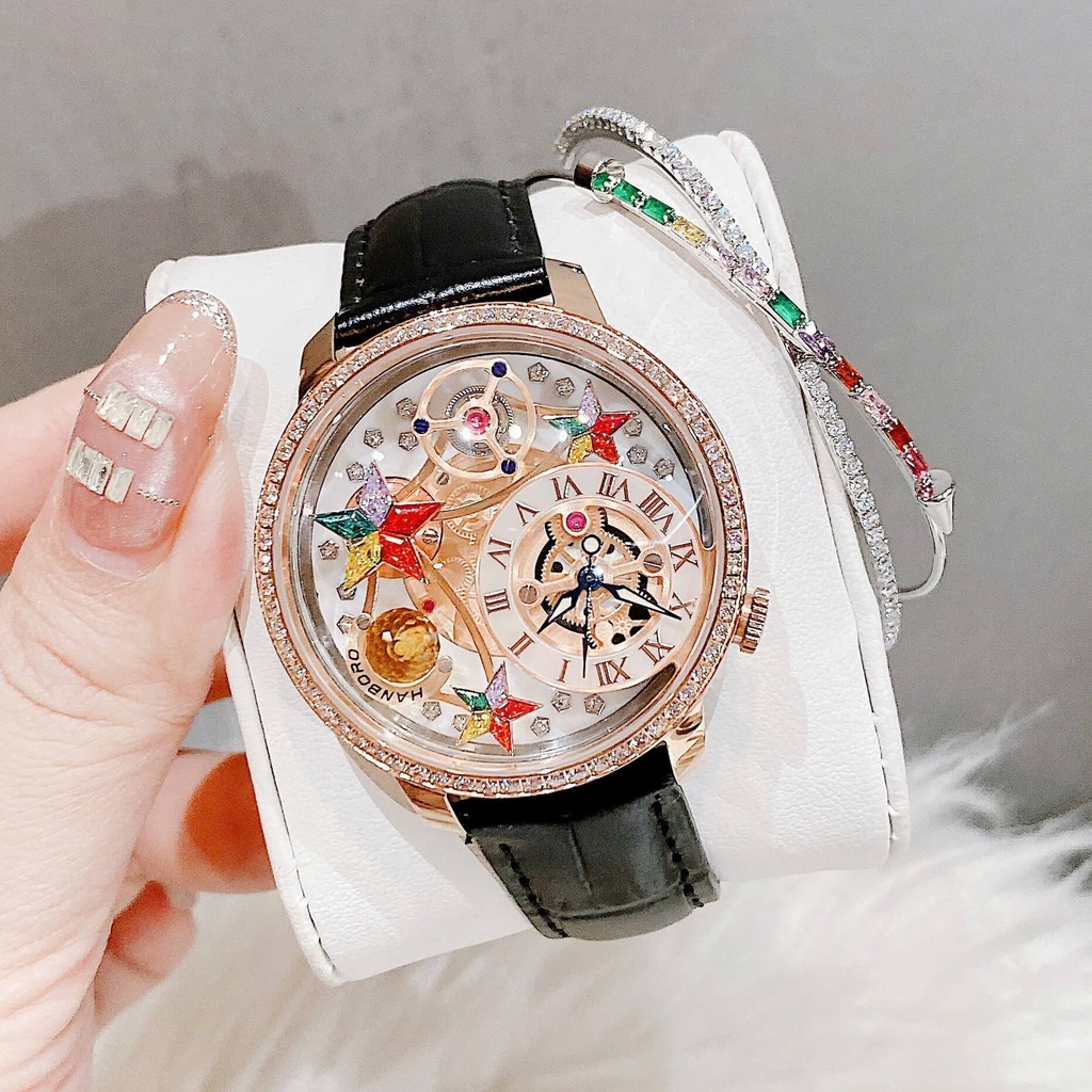 Set Đồng Hồ Nữ Hanboro Chính Hãng Dây Da Đen Họa Tiết Nổi Bật Vỏ Rose Size 39mm Quartz