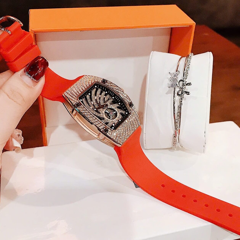 Set Đồng Hồ Nữ Hanboro Dây Cao Su Đỏ Chính Hãng Đính Đá Rose Gold Size 31x44mm Quartz Tặng Kèm Lắc Tay