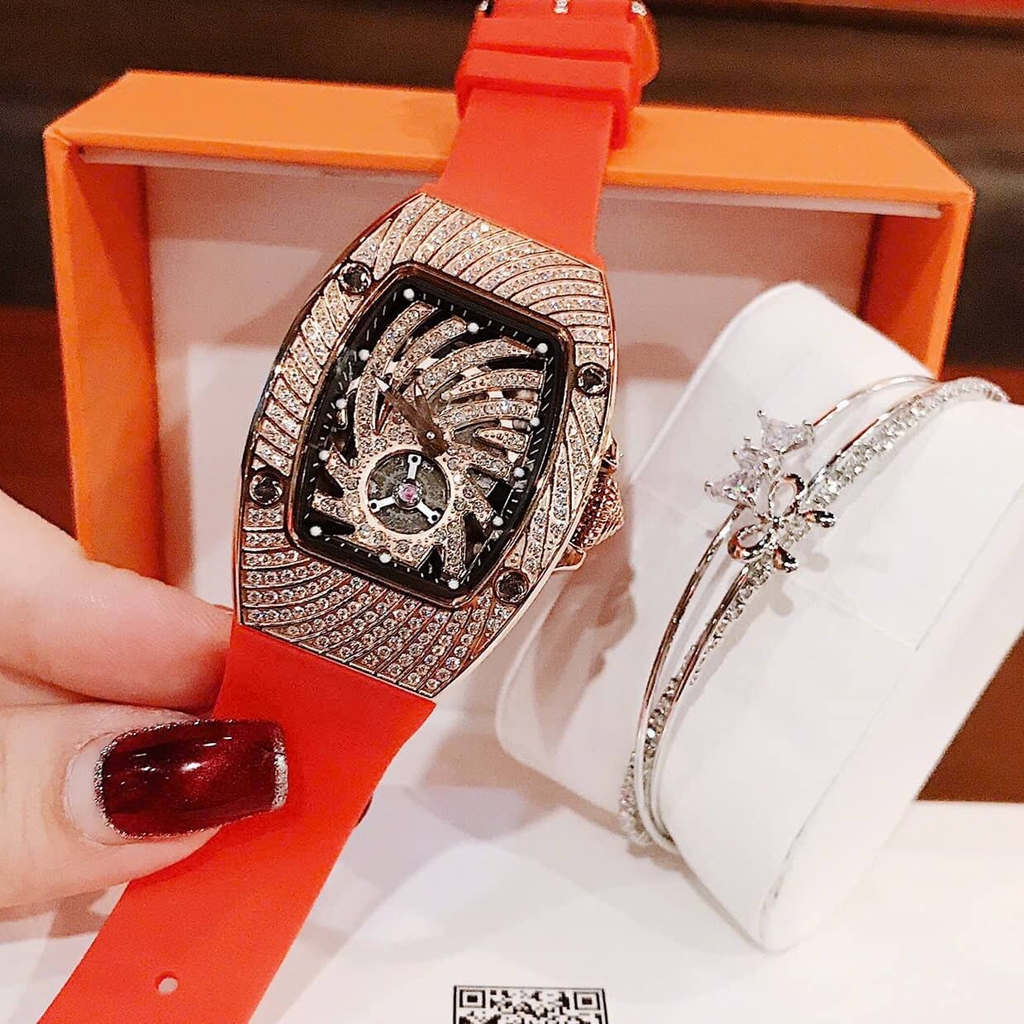 Set Đồng Hồ Nữ Hanboro Dây Cao Su Đỏ Chính Hãng Đính Đá Rose Gold Size 31x44mm Quartz Tặng Kèm Lắc Tay